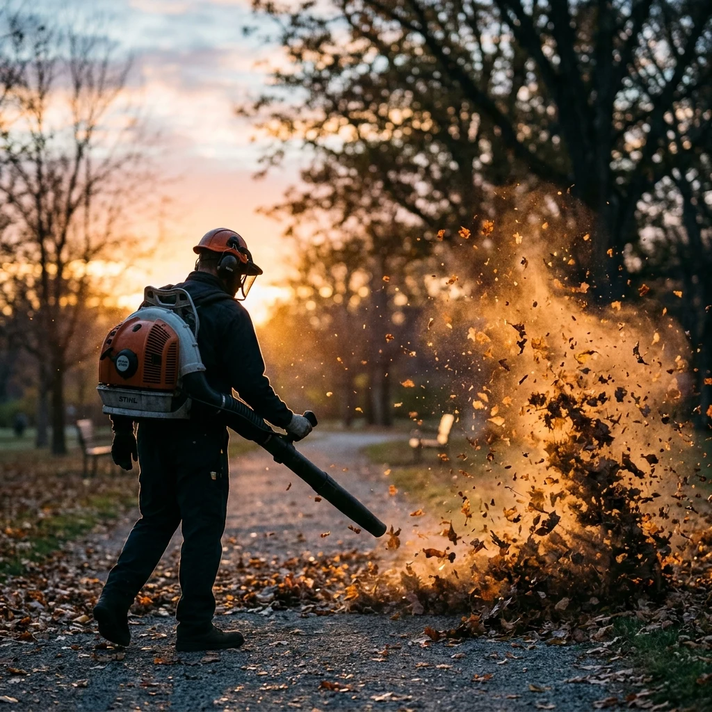 A parks crew clearing leaves at dawn
