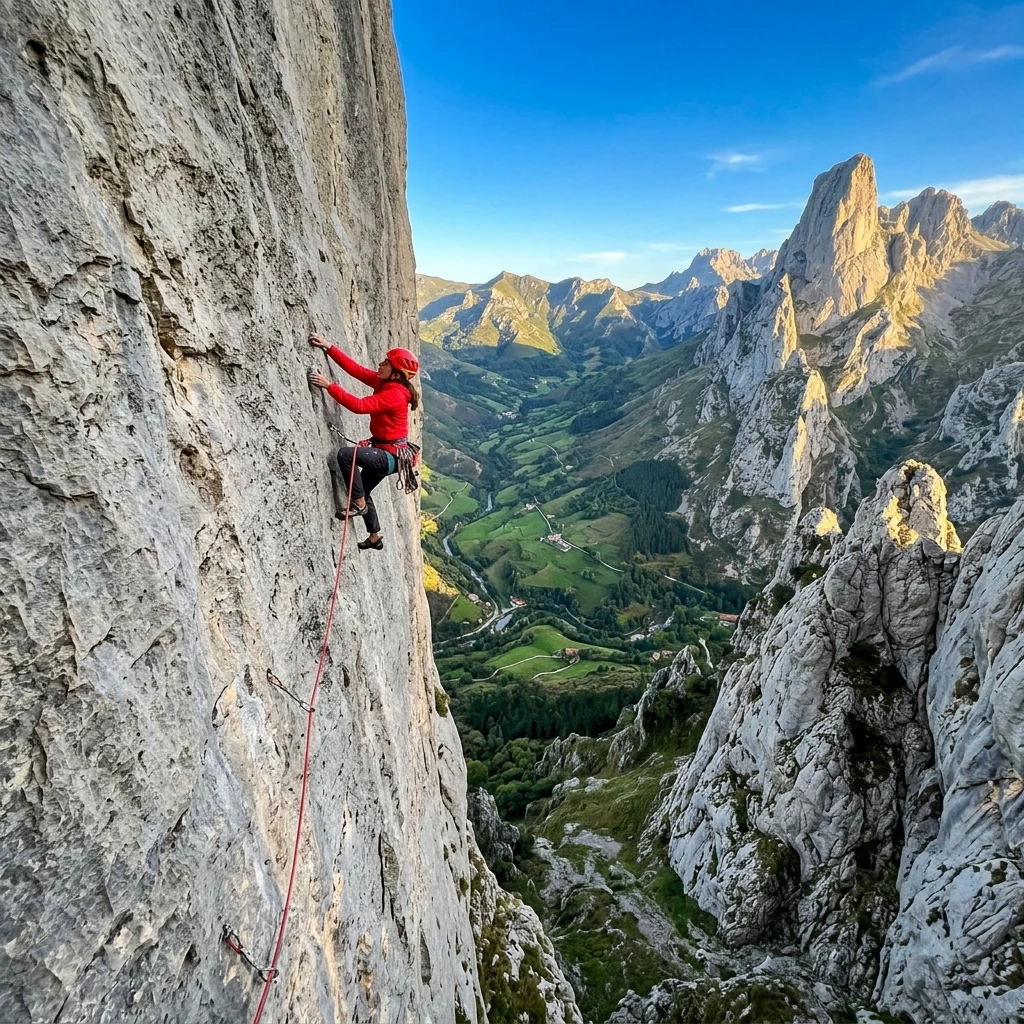 A mountain climber ascending a sheer limestone wall in the Picos de Europa