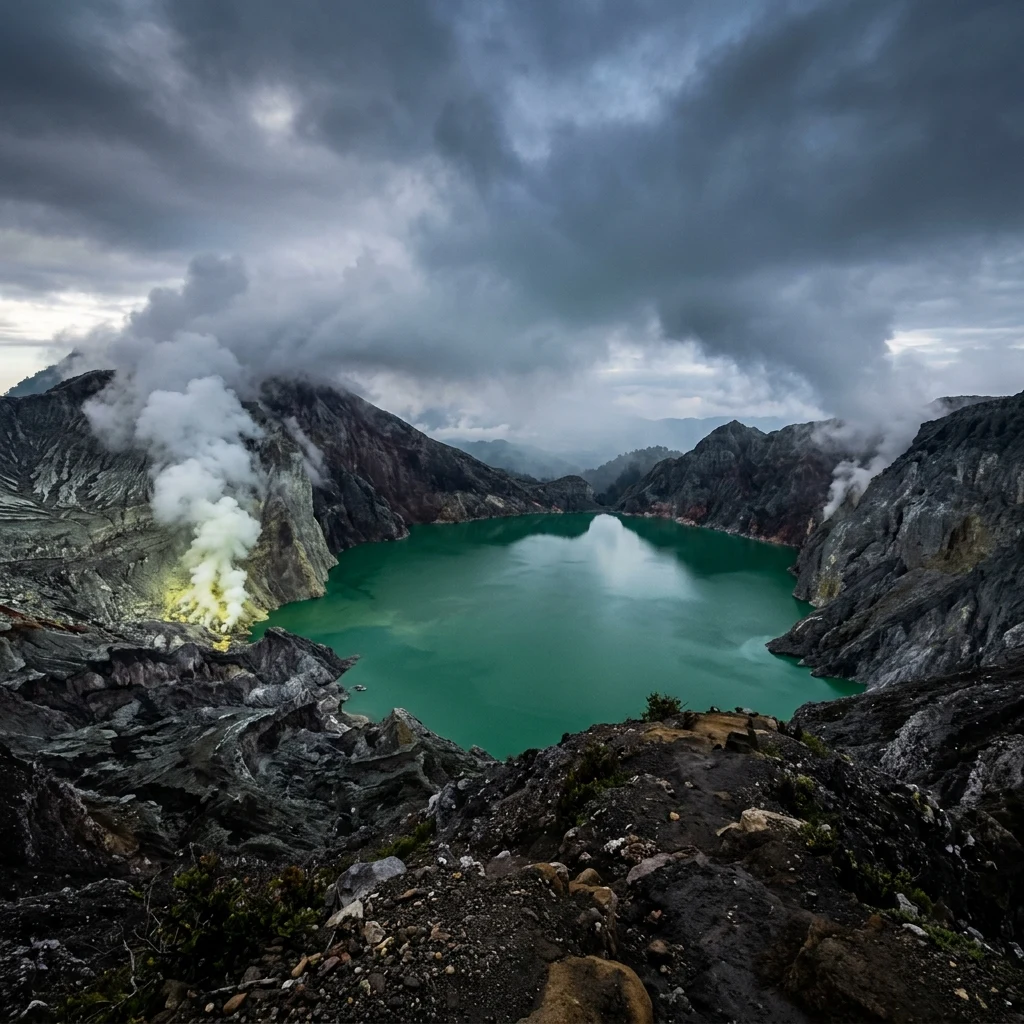 A volcanic crater lake glowing emerald green atop a active peak in the Barisan Mountains