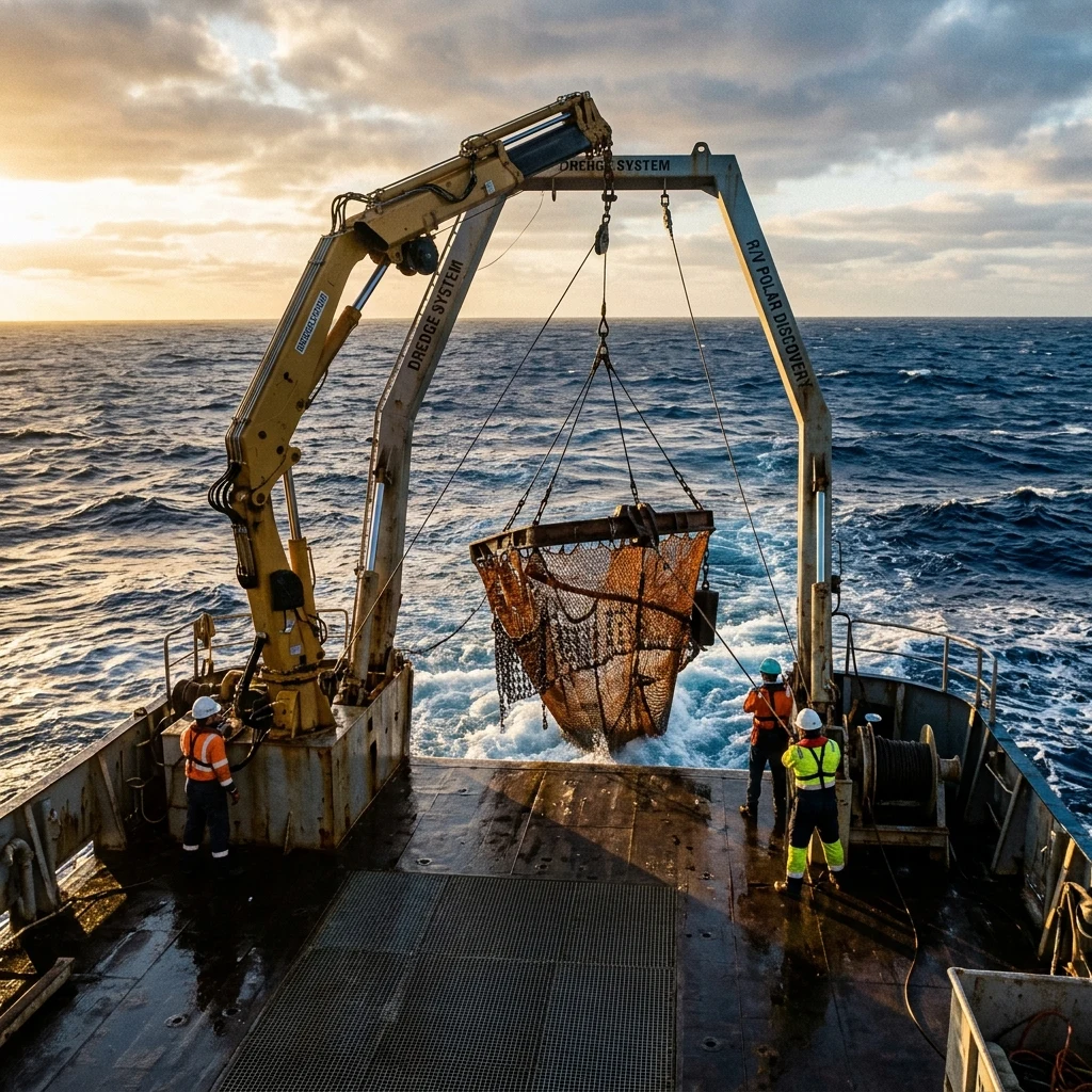 A research vessel deploying a deep-sea dredging net over the stern into the South…