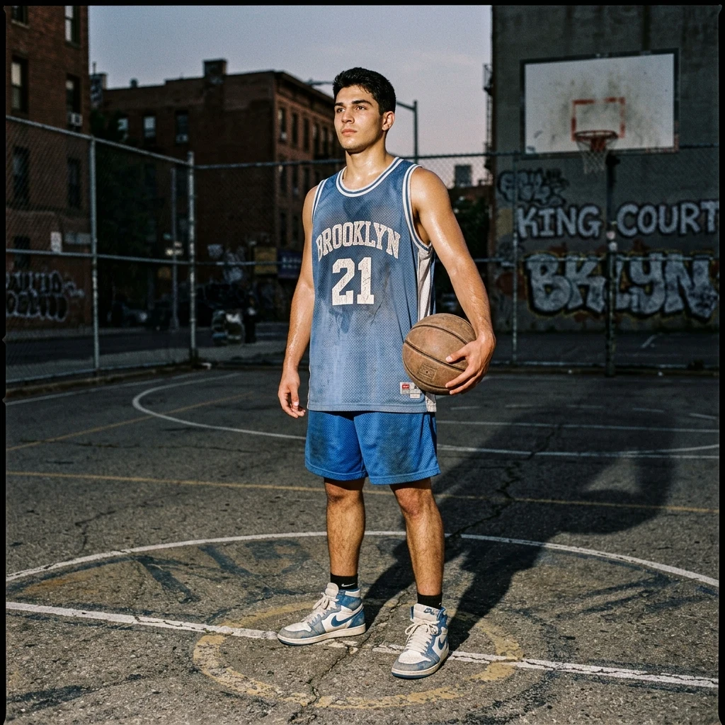 A 1990s street basketball player in an oversized nylon basketball jersey