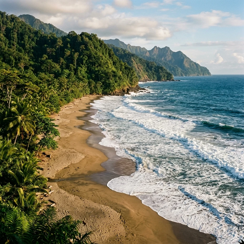 A wild, undeveloped Pacific beach in Colombia where the jungle-covered hills of the…
