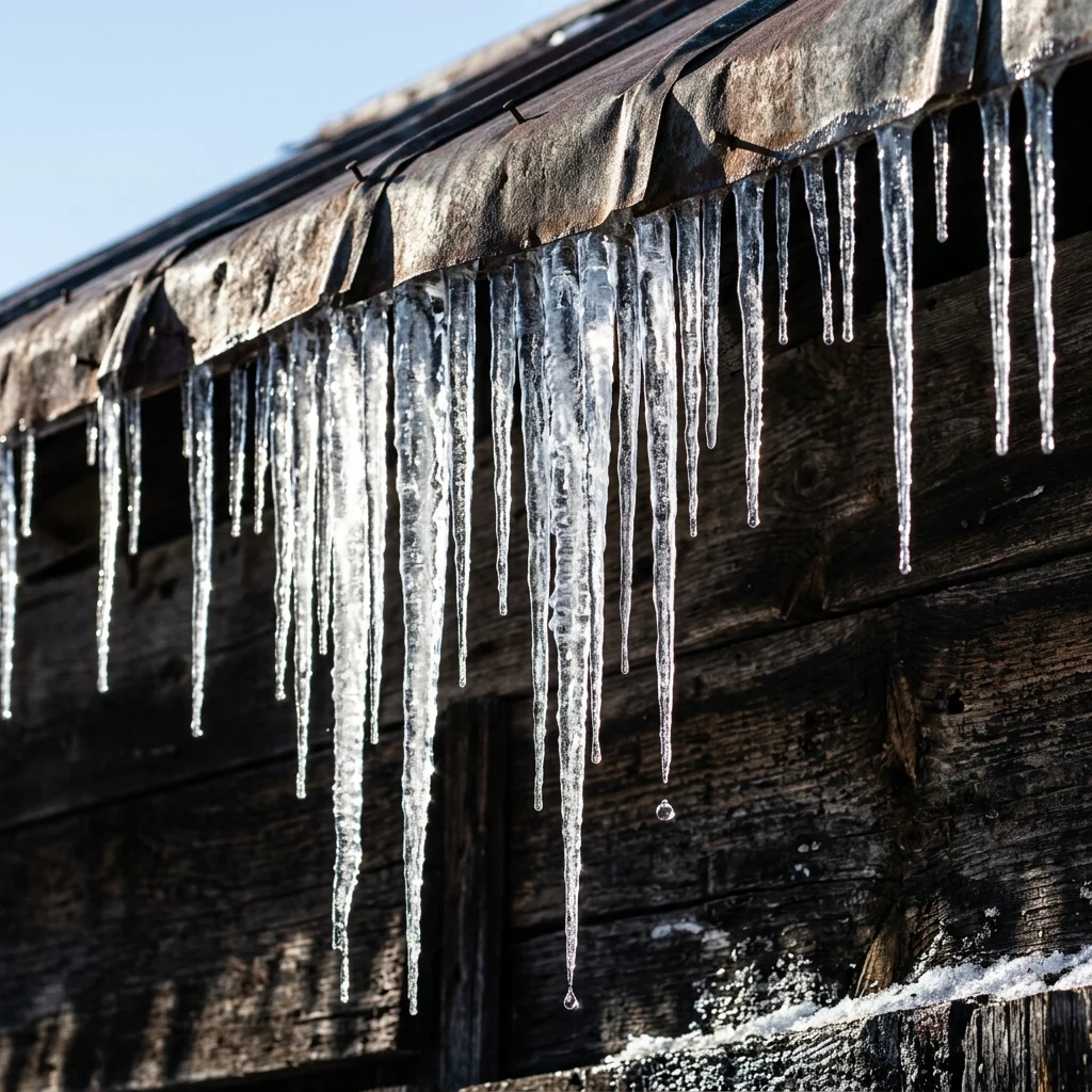 Icicles melting on a rustic barn roof