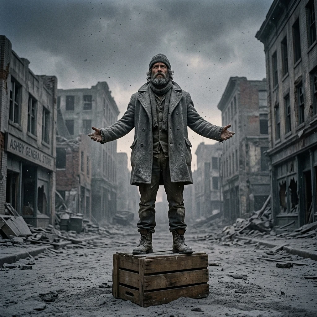 A street preacher standing on a crate during ashfall