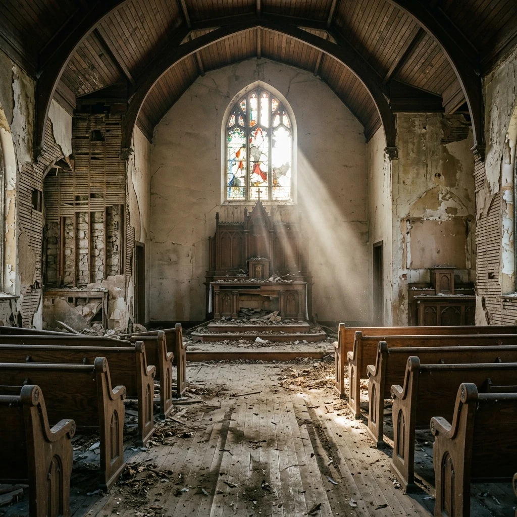 Sunlight streaming into a decaying rural church