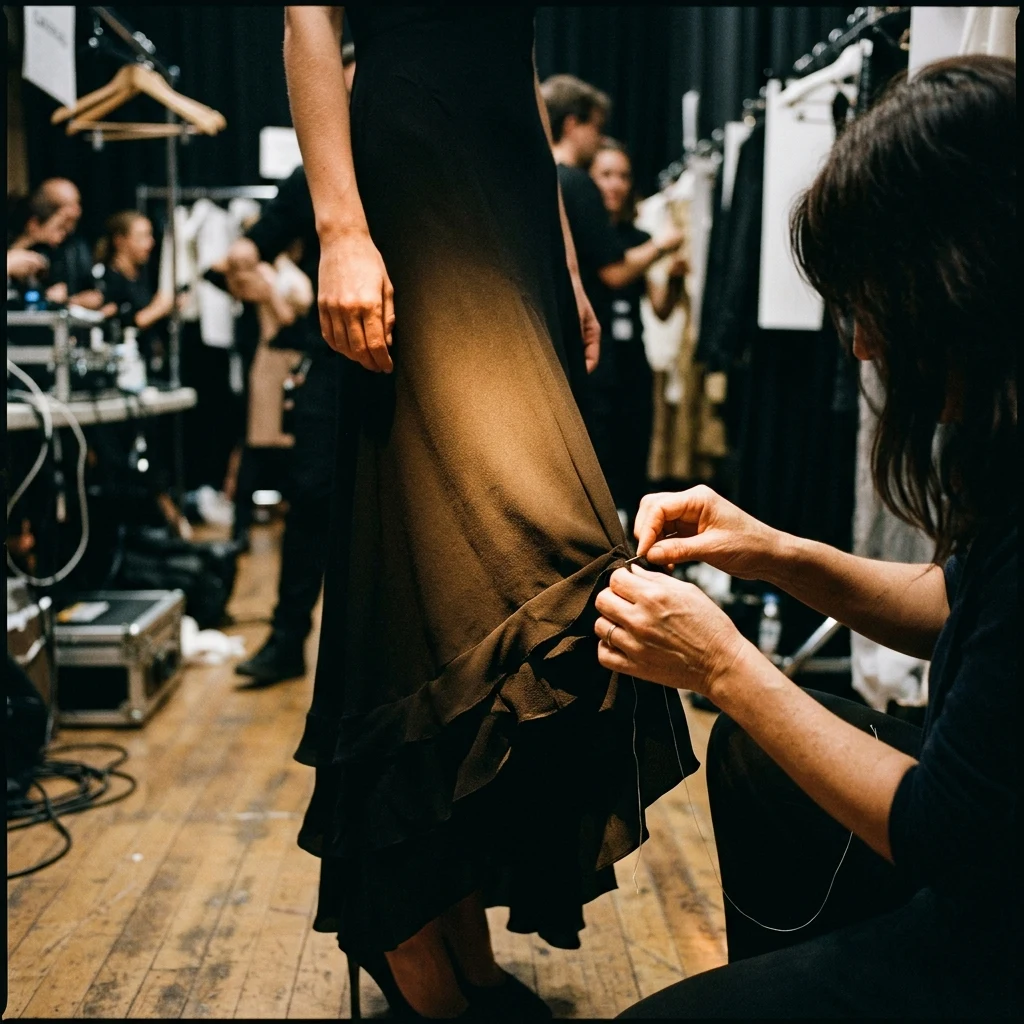 Designer adjusting a gown backstage
