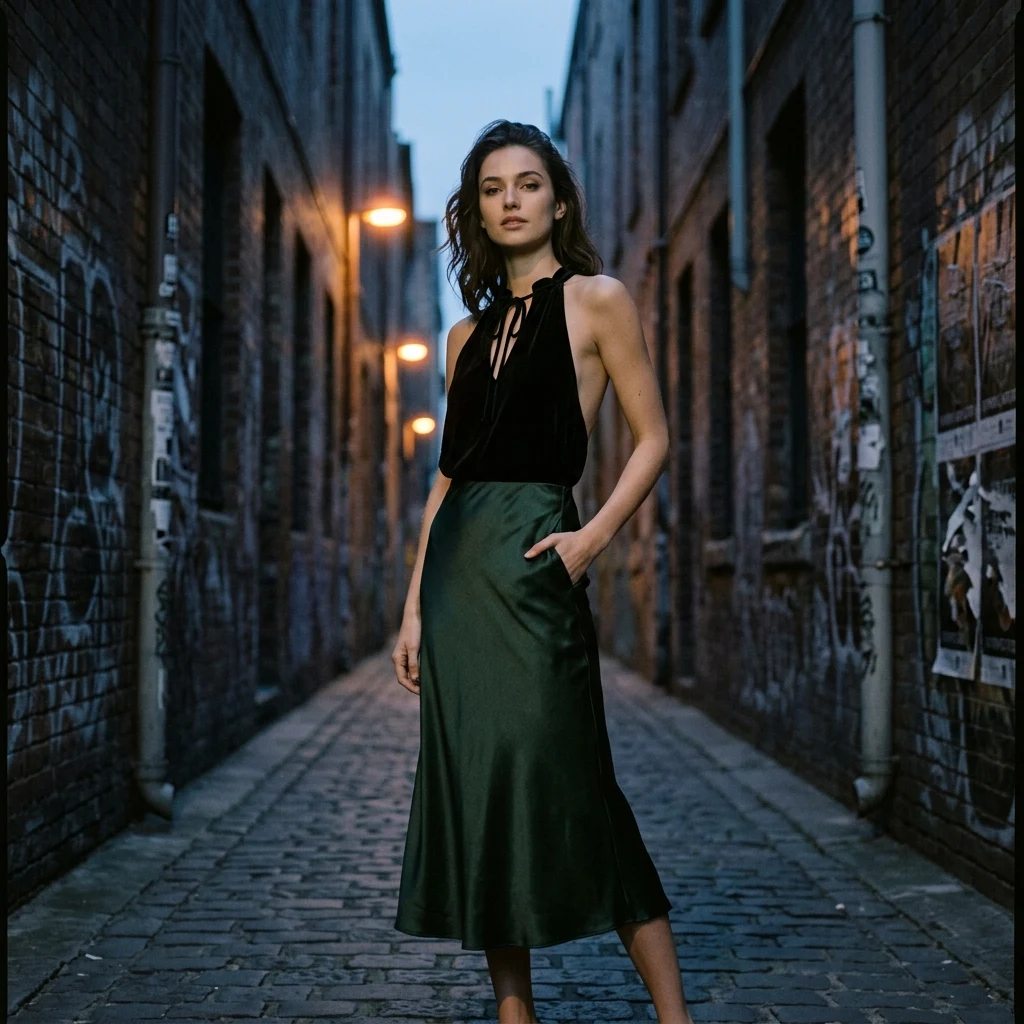 Elegant woman in a dimly lit alley
