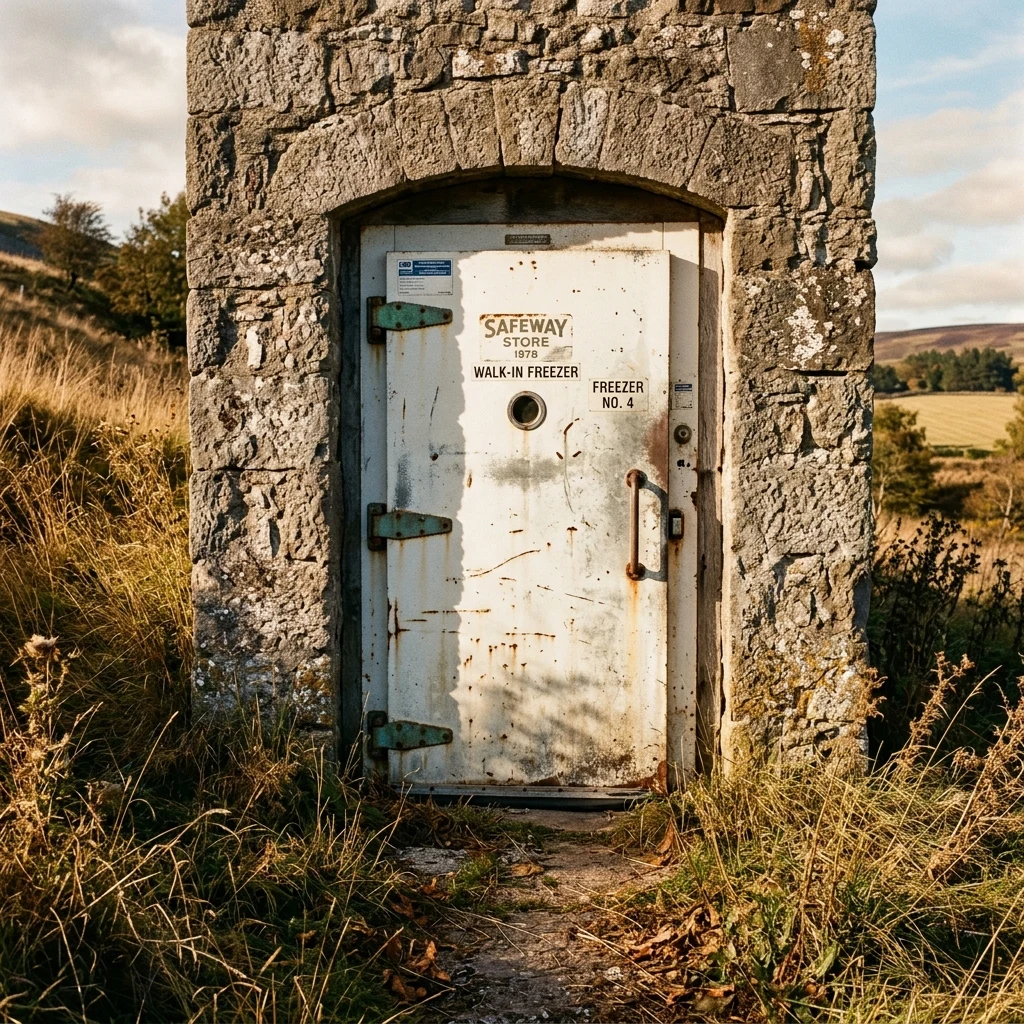 A shelter door constructed from a heavy insulated walk-in freezer door salvaged from a…