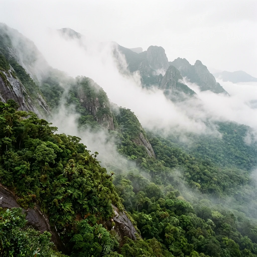 A dense, humid Atlantic rainforest canopy covering the steep granite slopes of the Serra…