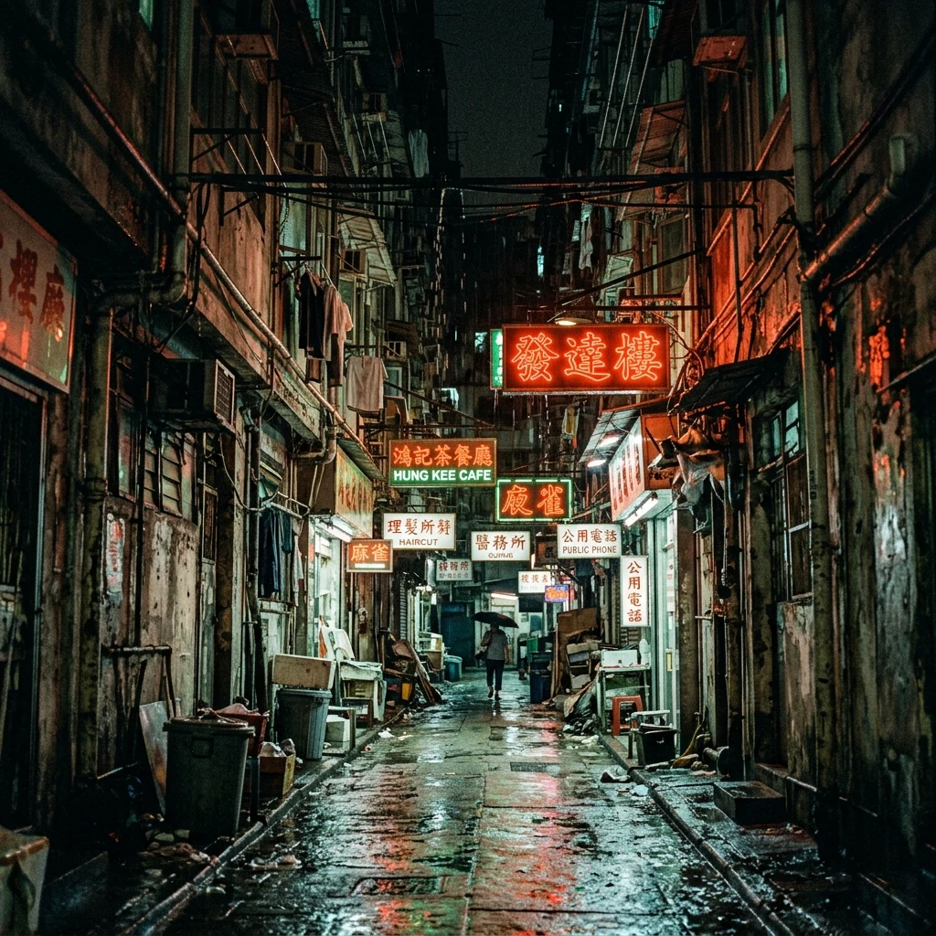 A rain-slicked alleyway inside Kowloon Walled City at night