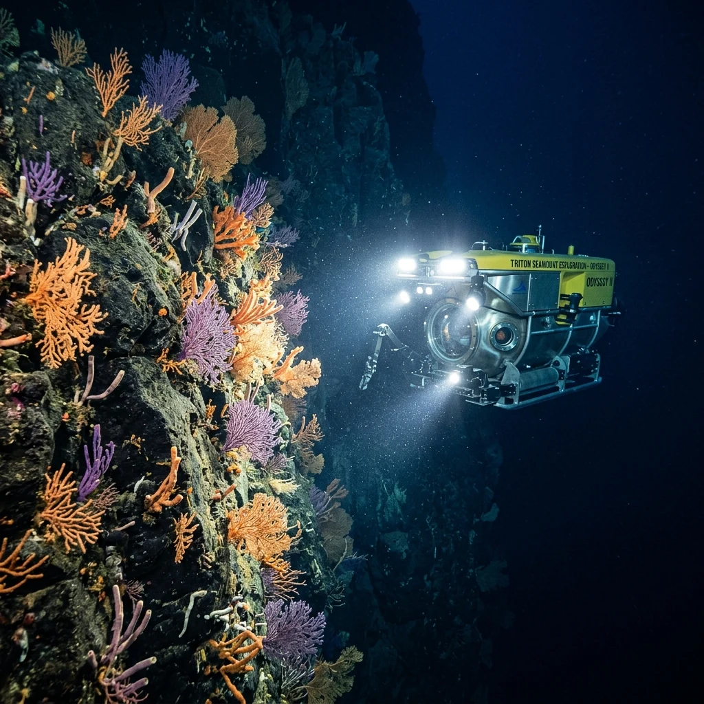 Research submarine exploring a deep sea reef