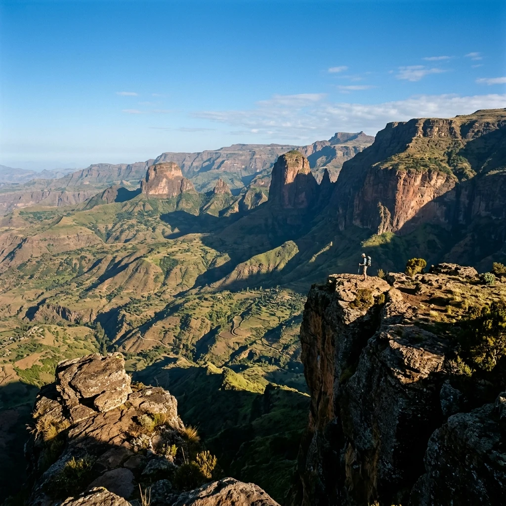A 4x5 large-format view looking off a 3,000-foot vertical drop in the Simien Mountains