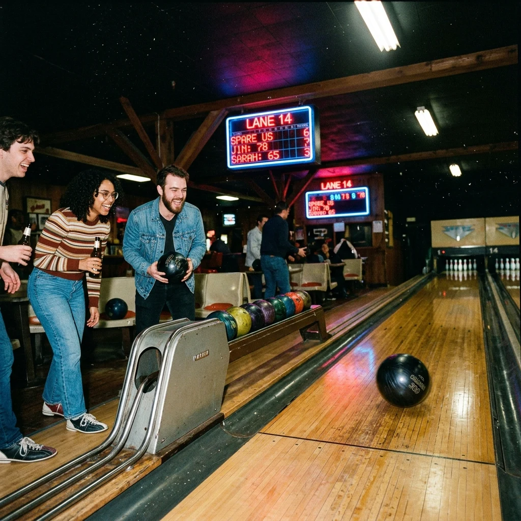 A direct-flash snapshot of friends at a bowling alley