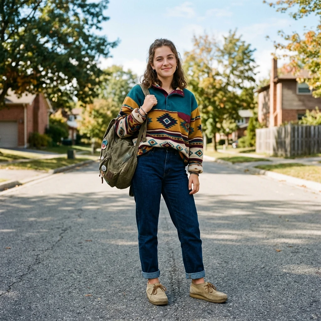 Person in patterned fleece on a street