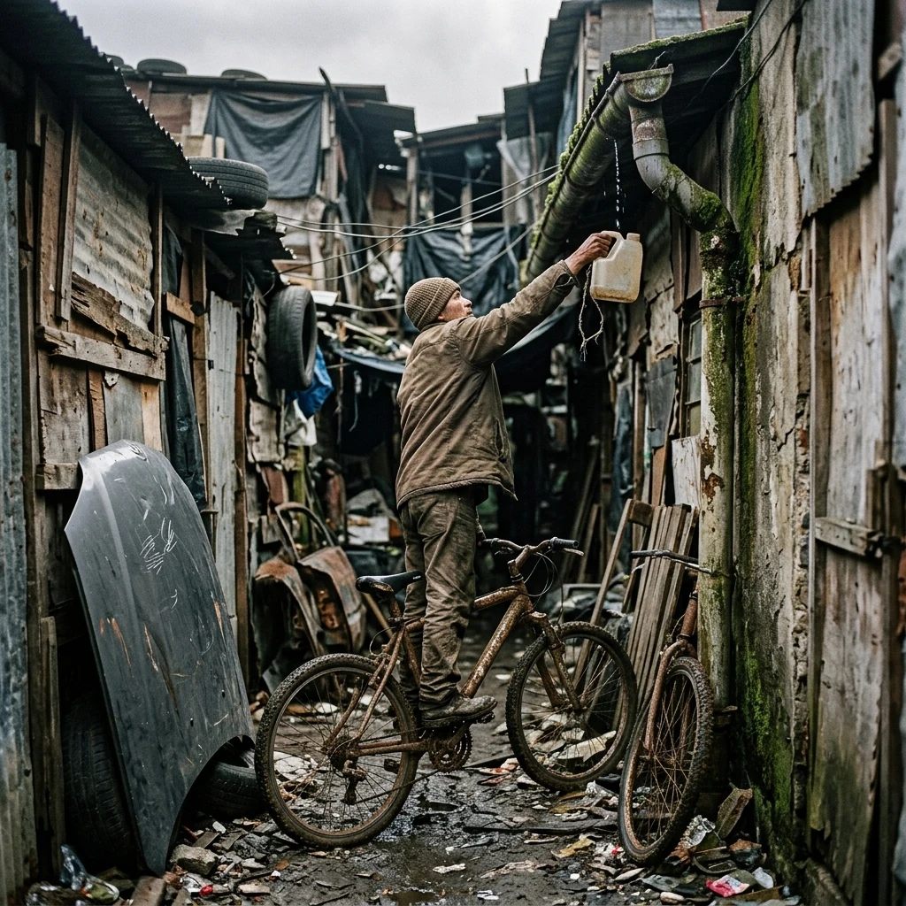 A survivor standing on a mountain bike pedal to reach a overhead rainwater gutter pipe in…