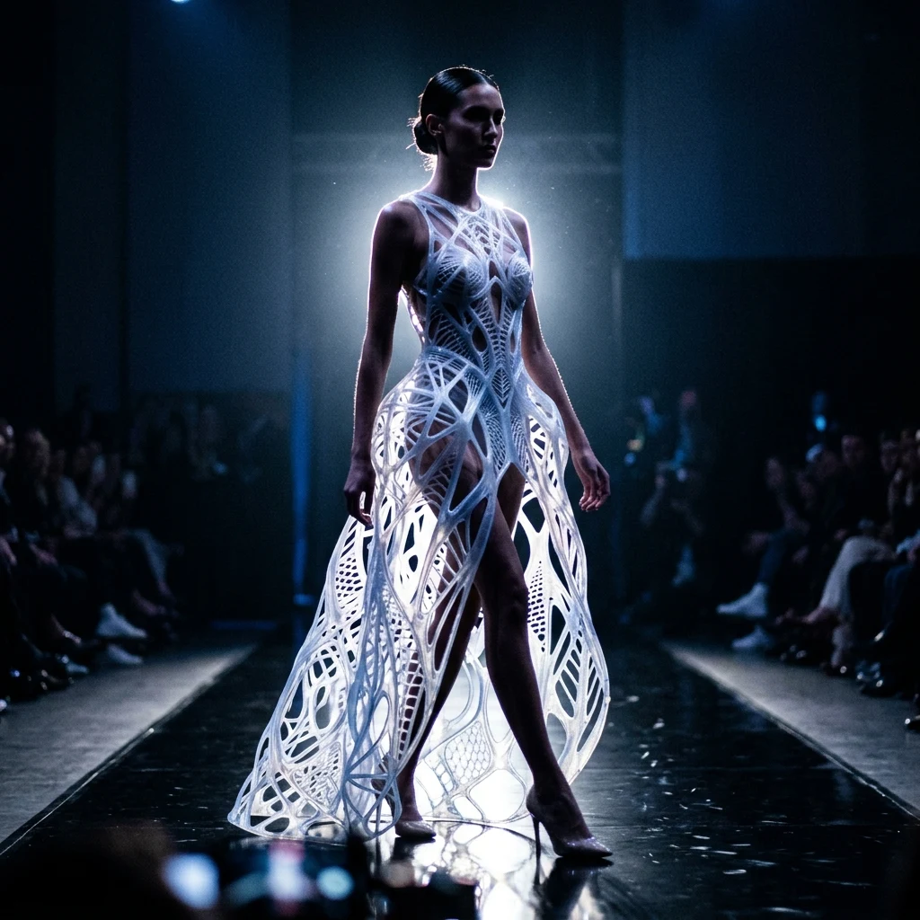 An avant-garde 3D-printed dress with intricate skeletal lattice patterns