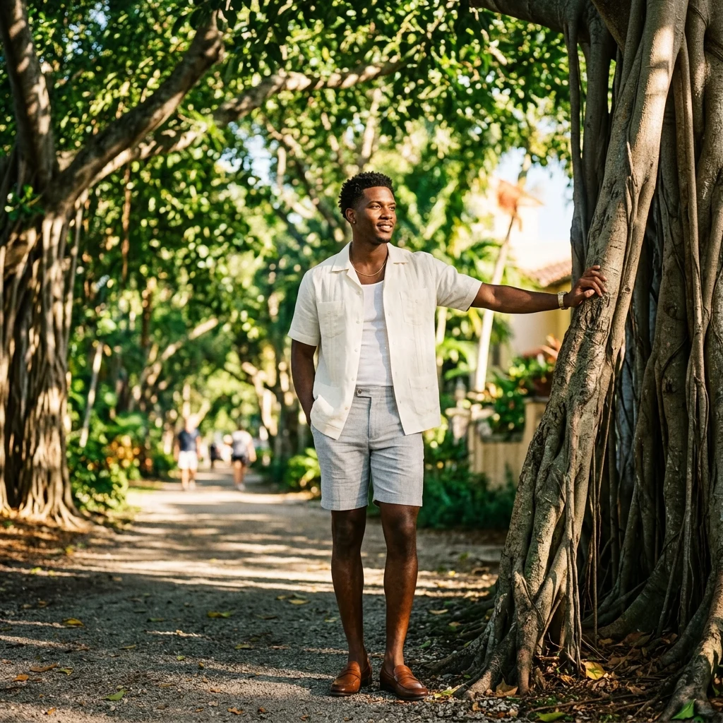 Sophisticated summer look on a tree lined avenue