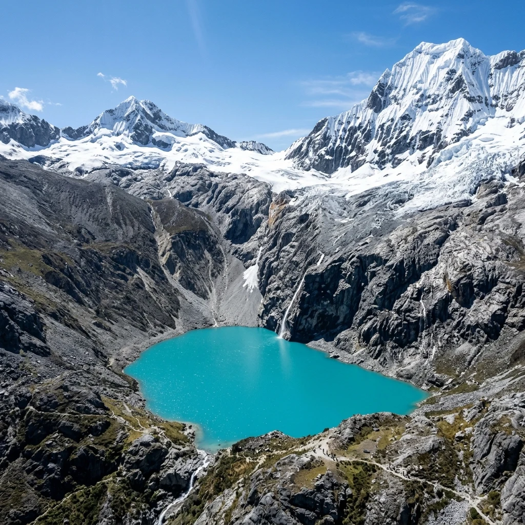 Turquoise lake beneath snowy mountain peaks