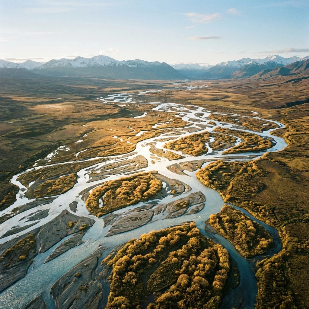 An aerial shot of a braided arctic river meandering across a vast valley floor in the…