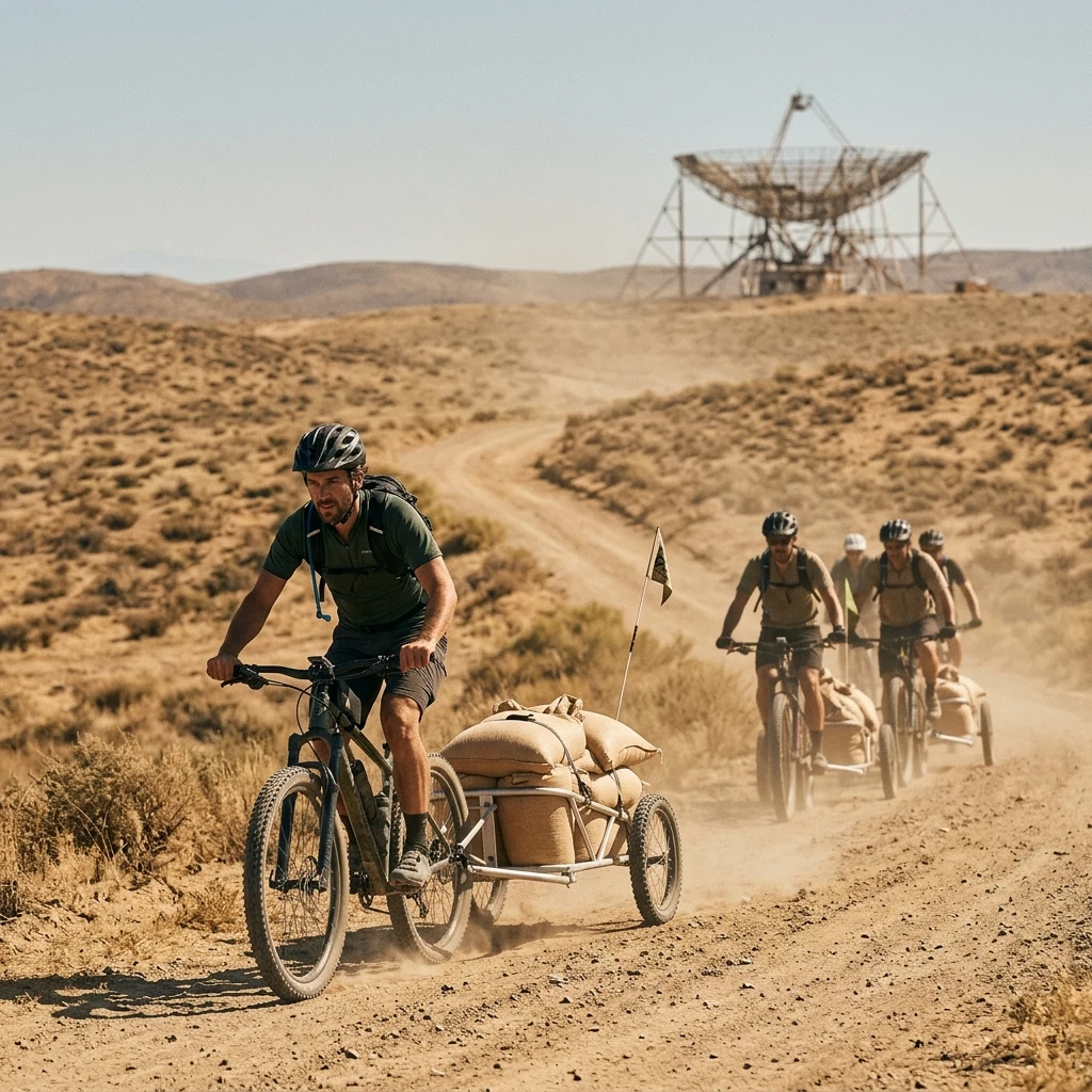A convoy of mountain bikers pulling small cargo trailers loaded with grain bags along a…