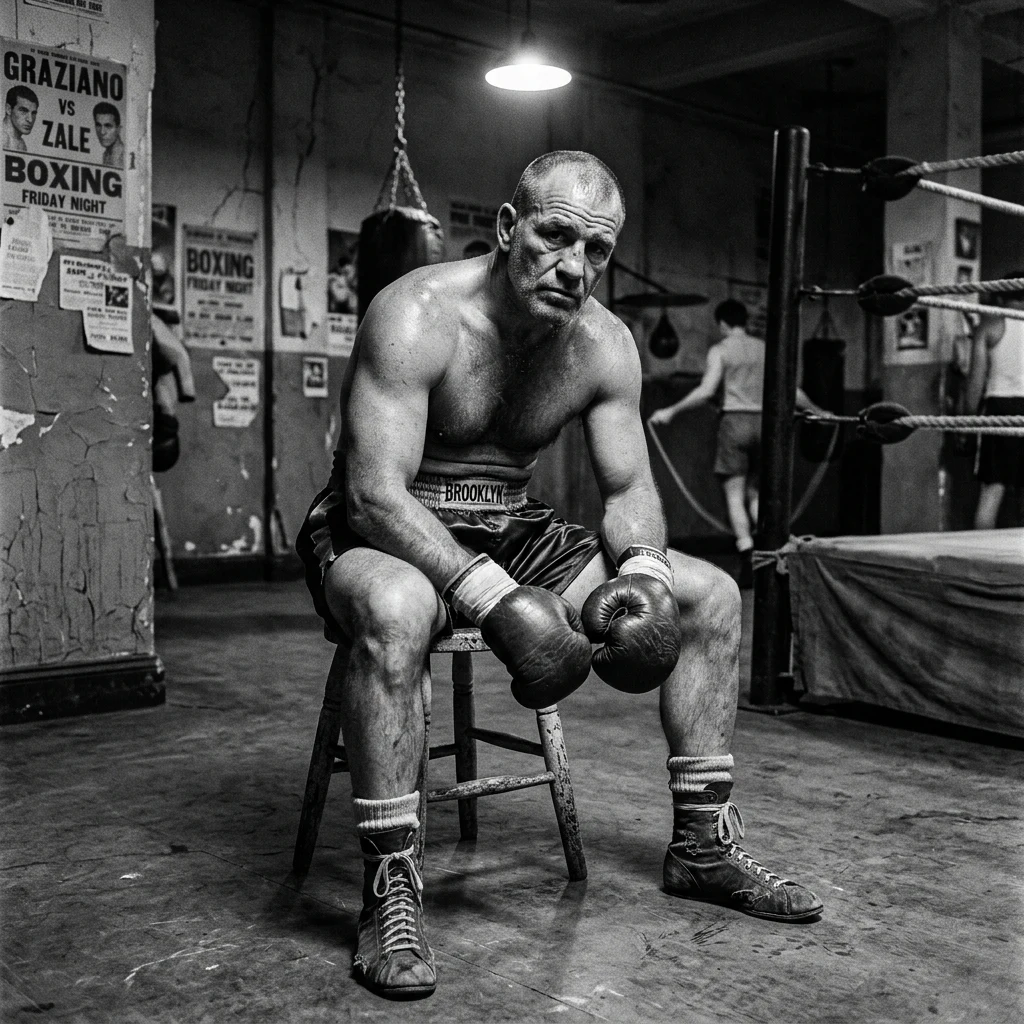 A 1950s boxer in high-waisted satin trunks with a thick elastic waistband and lace-up…
