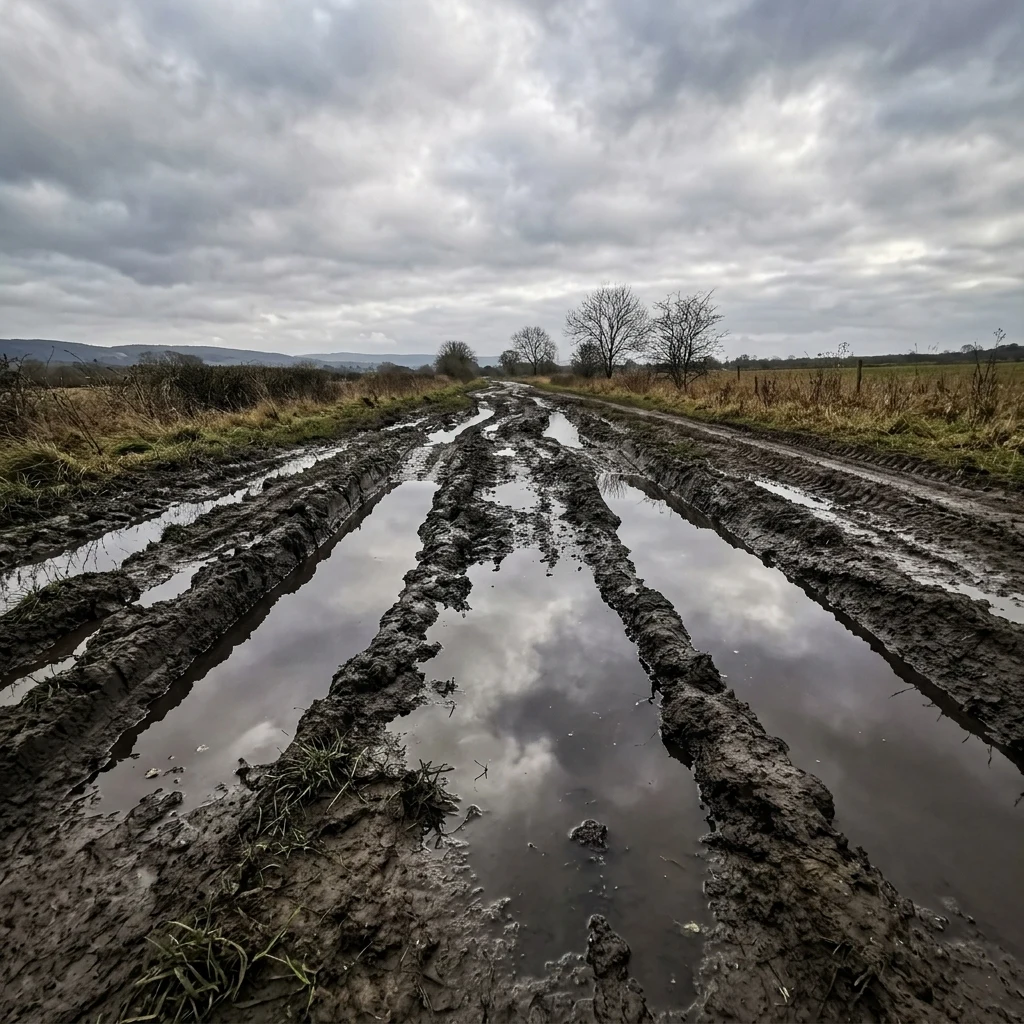 Reflective rainwater pools on a rural road