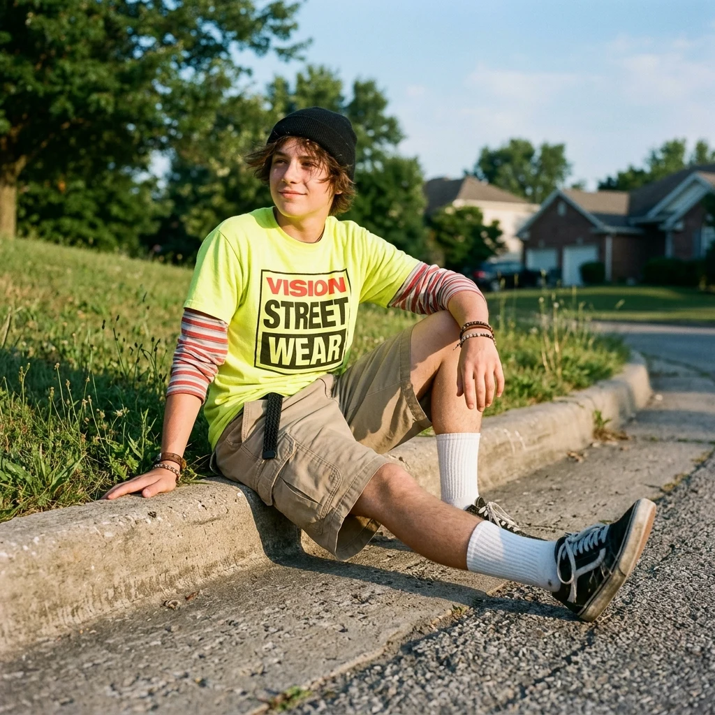 Skater resting on a sunny suburban curb