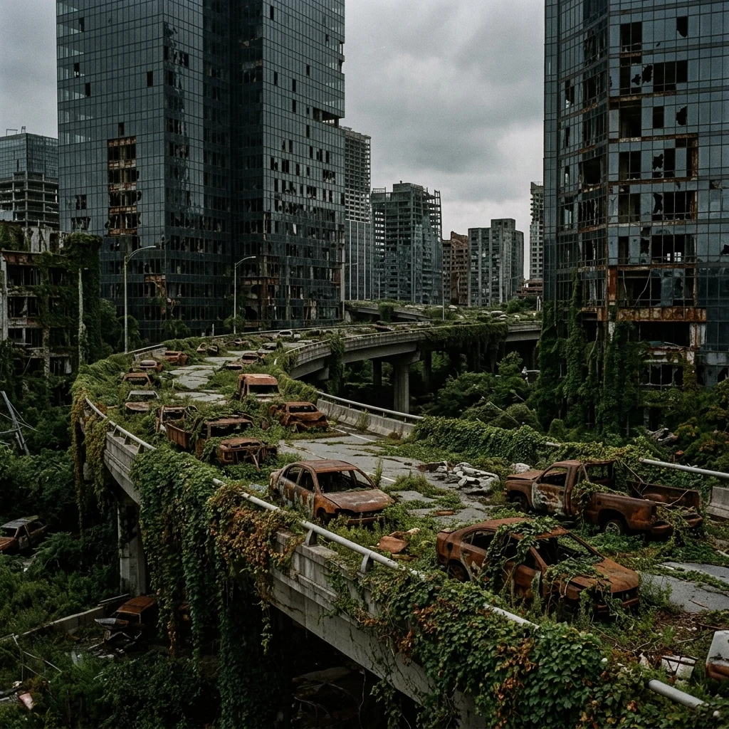 Overgrown highway reclaimed by nature in the city