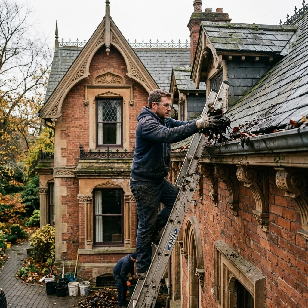 Worker cleaning gutters on a historic house