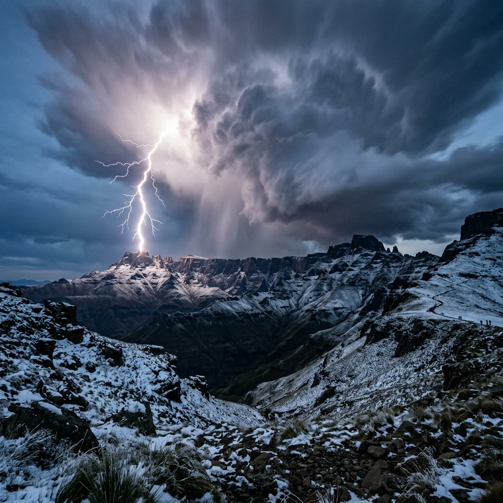Lightning striking over the dark mountain peaks