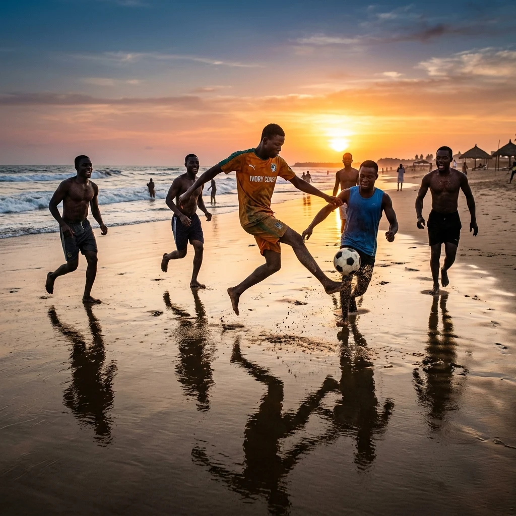 A group of friends playing beach football on the wide sands of Grand-Bassam