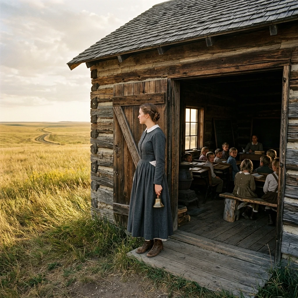 A 1870s prairie schoolteacher standing in the doorway of a rough-hewn log schoolhouse
