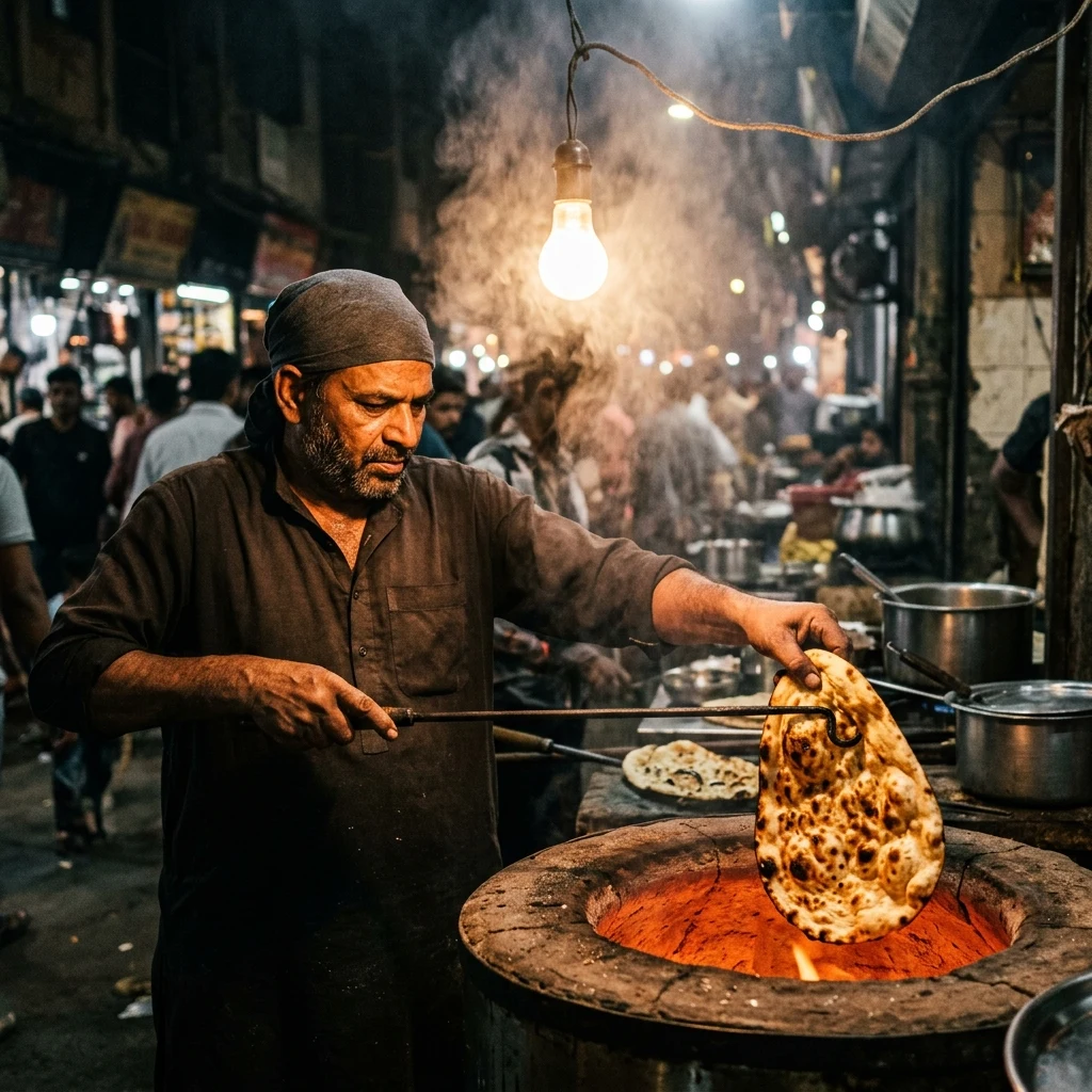 A street-side tandoor chef in Delhi pulling blistered naan bread from a red-hot clay oven…