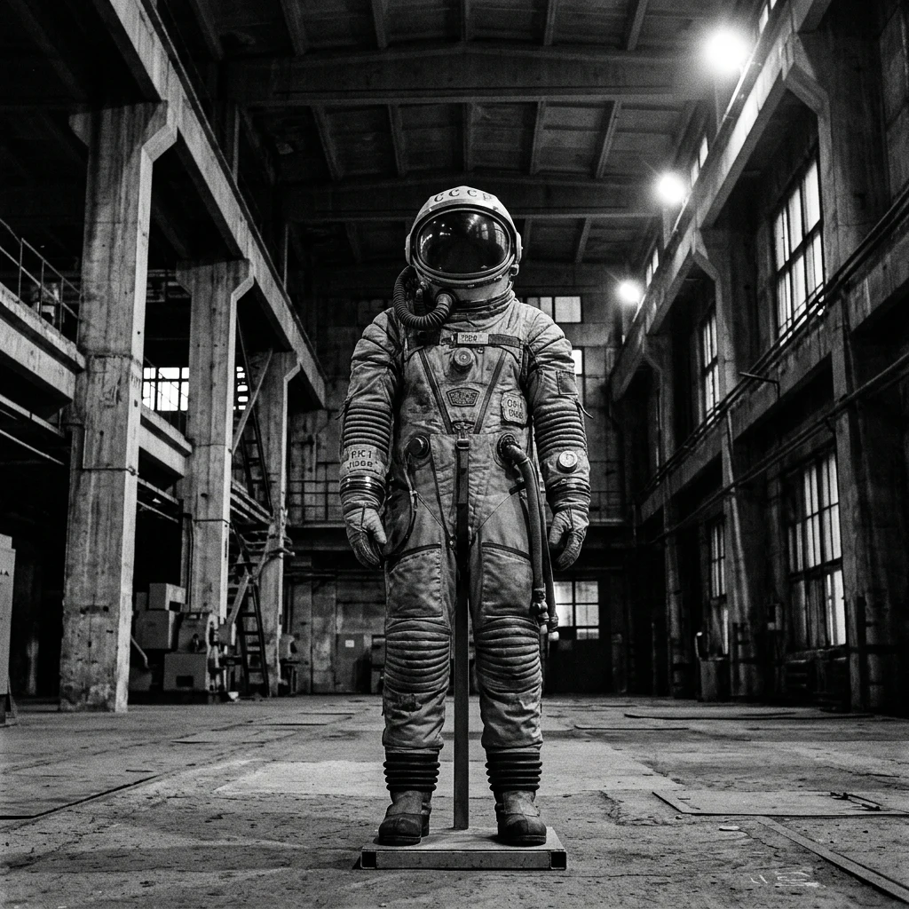 Vintage space suit in a concrete hangar