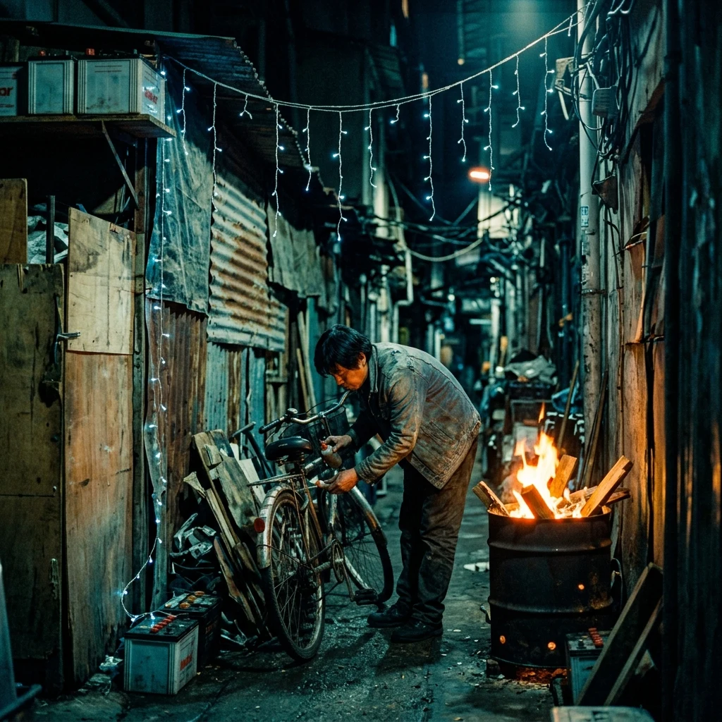 A night scene inside a densely packed urban shanty alleyway