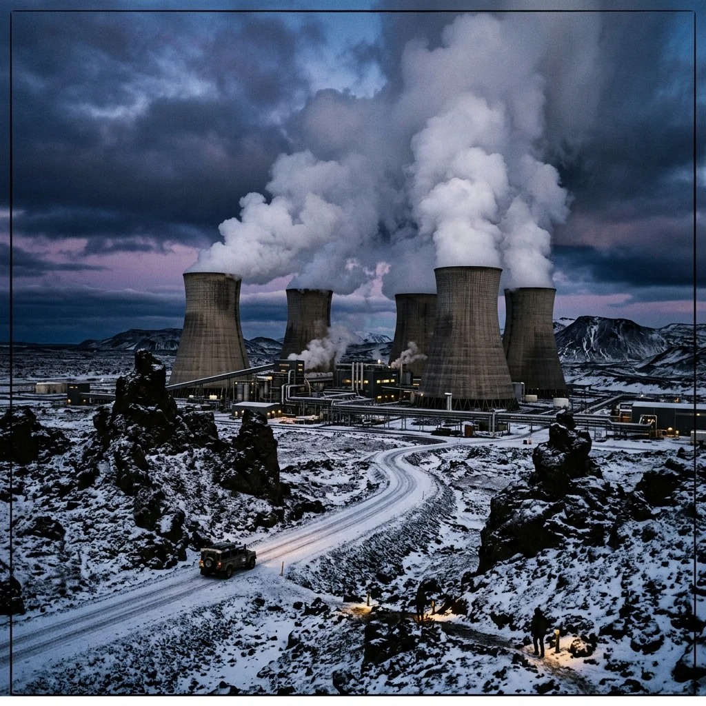A geothermal power station in an icy volcanic landscape