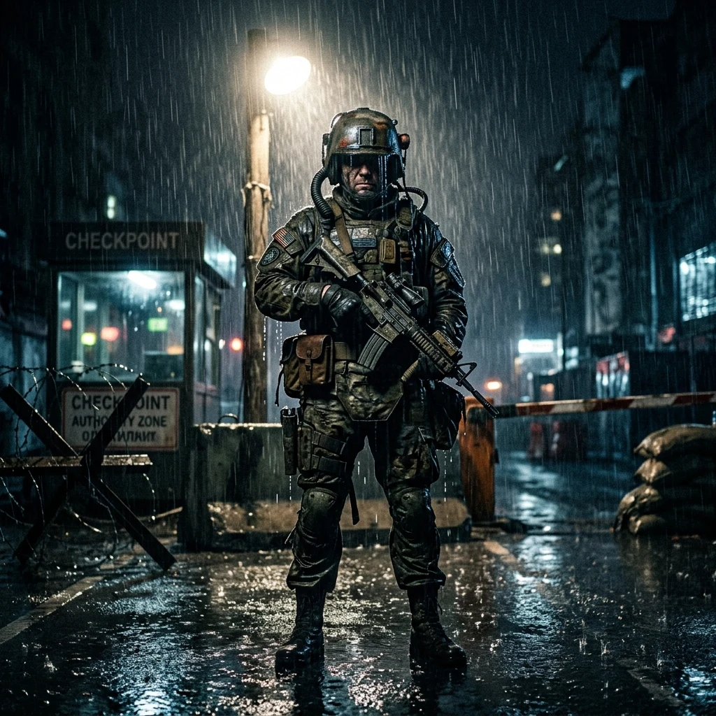 A checkpoint enforcer in a uniform assembled from three different armies