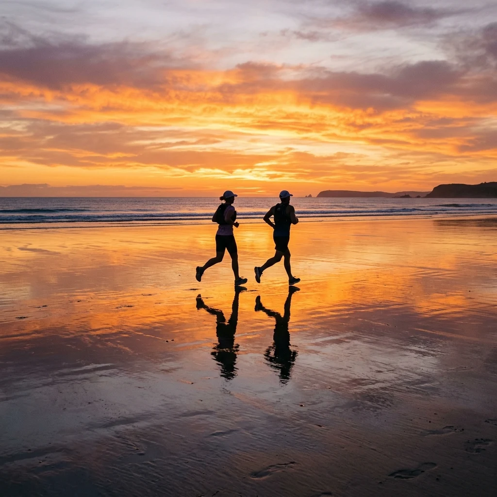 A wet-sand reflection of two joggers along the endless flat shore of Mancora