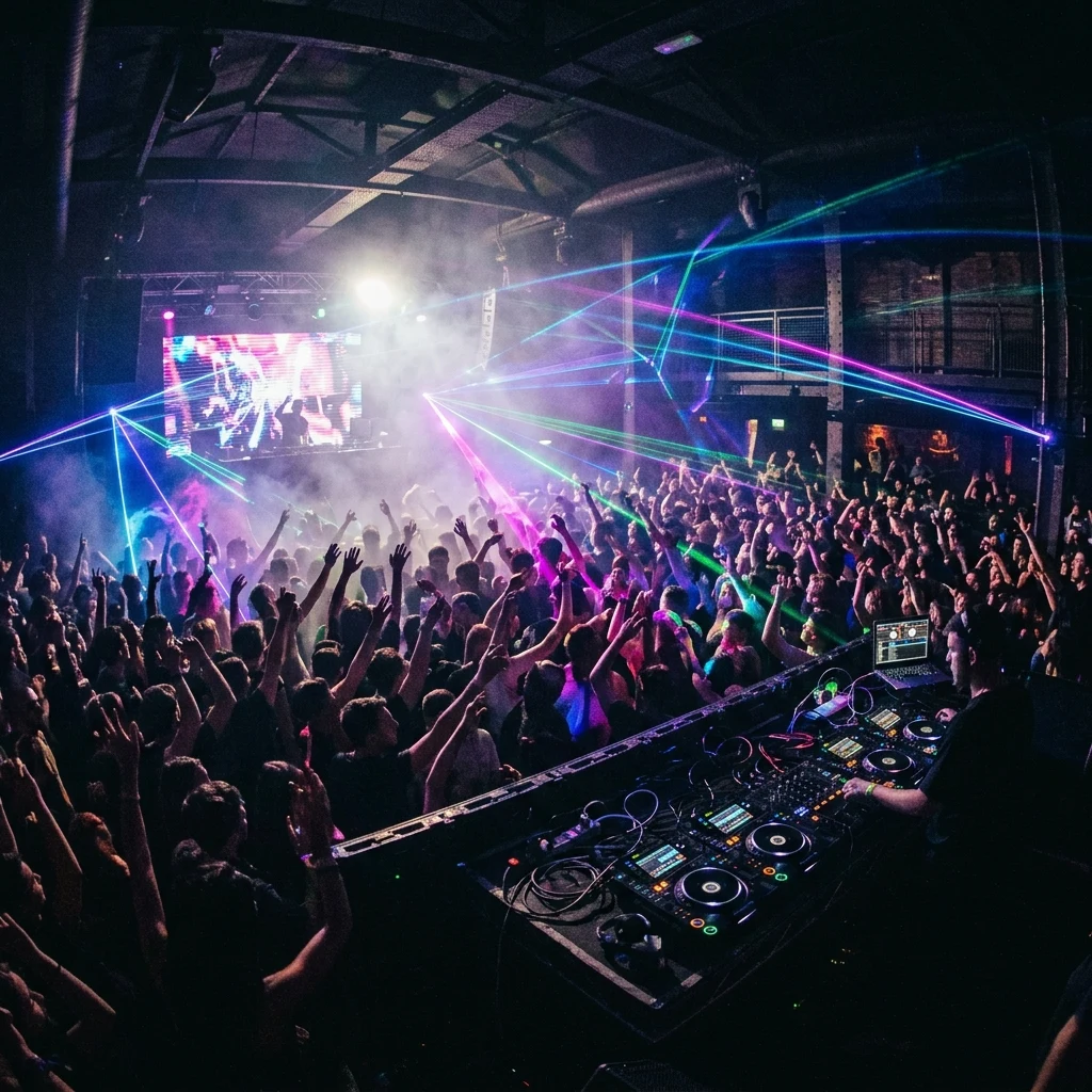 Crowded nightclub with colorful laser lights
