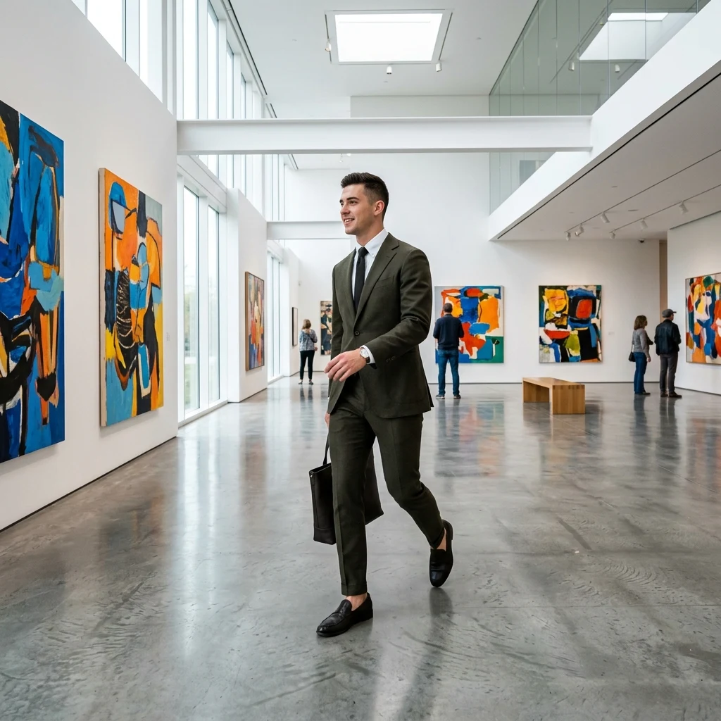 Stylish visitor in a modern art gallery