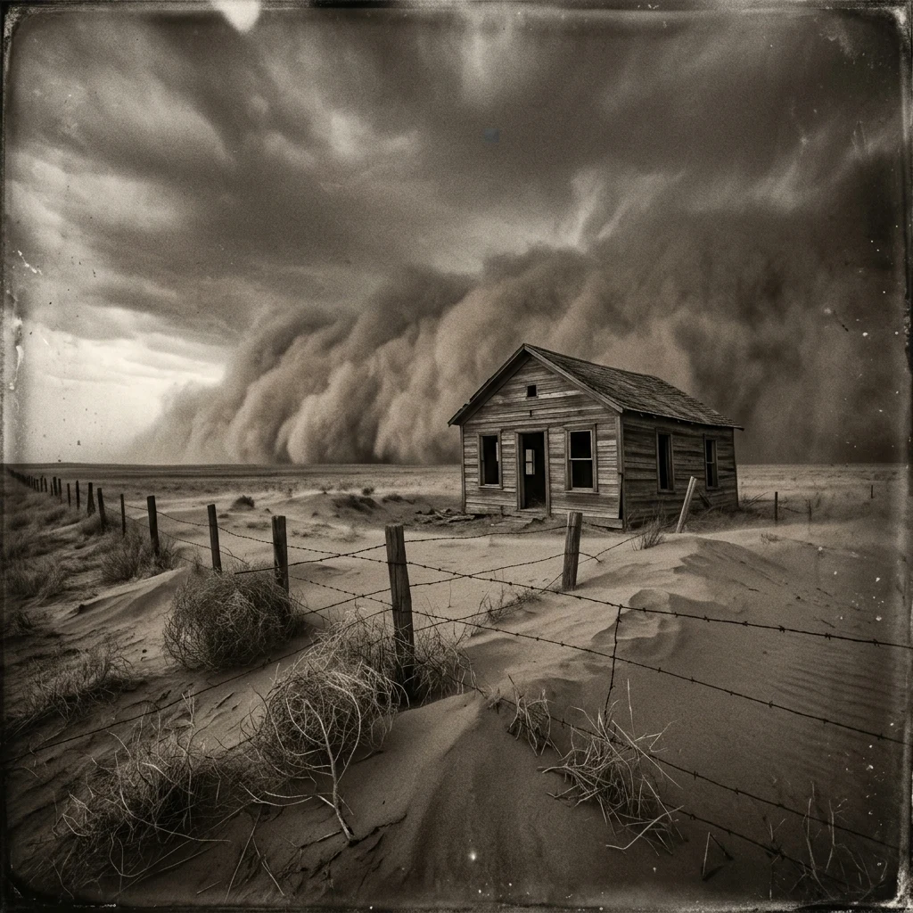 A Dust Bowl farmstead in 1935 Oklahoma as the roller arrives