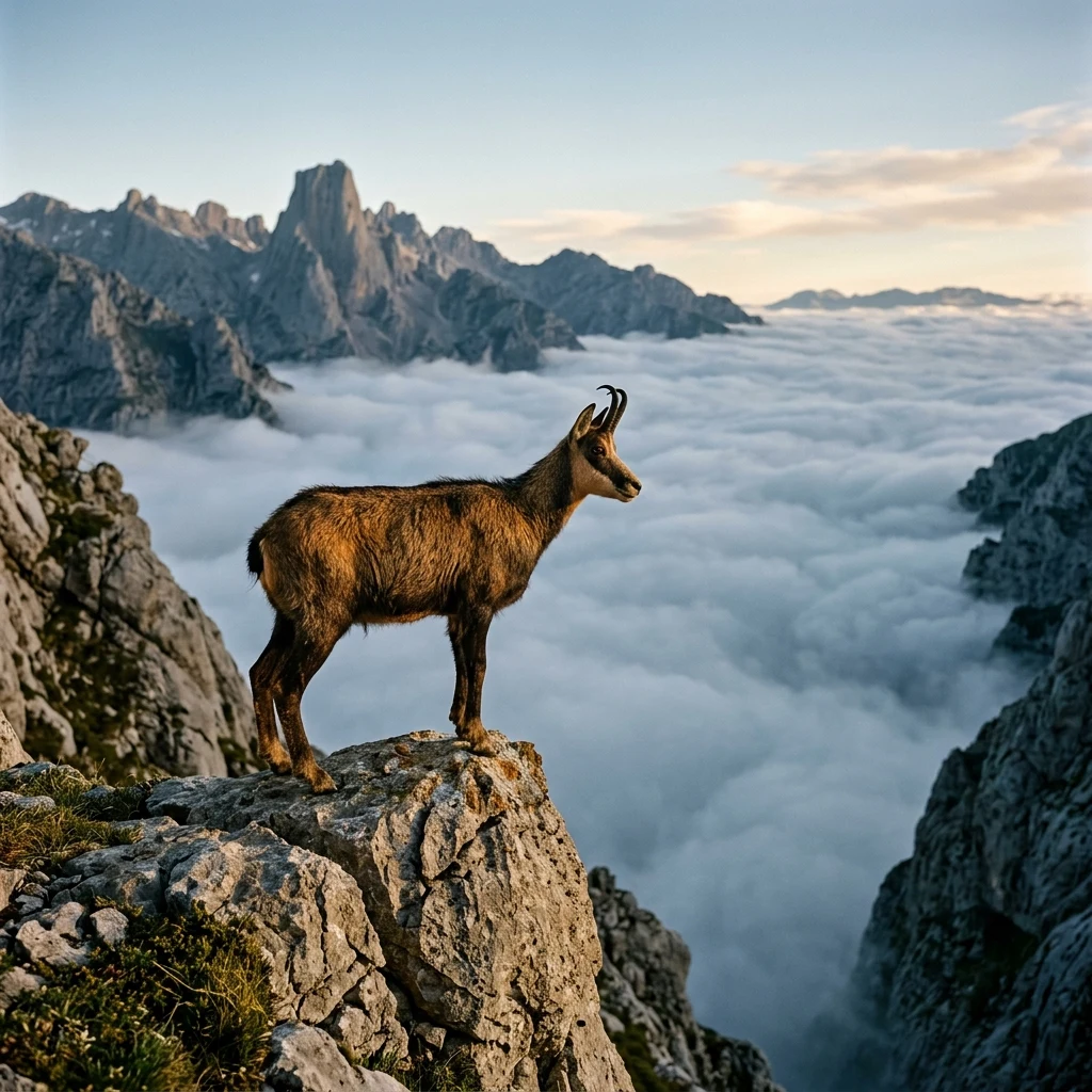 A Cantabrian chamois perched on a narrow rocky ledge in the Picos de Europa