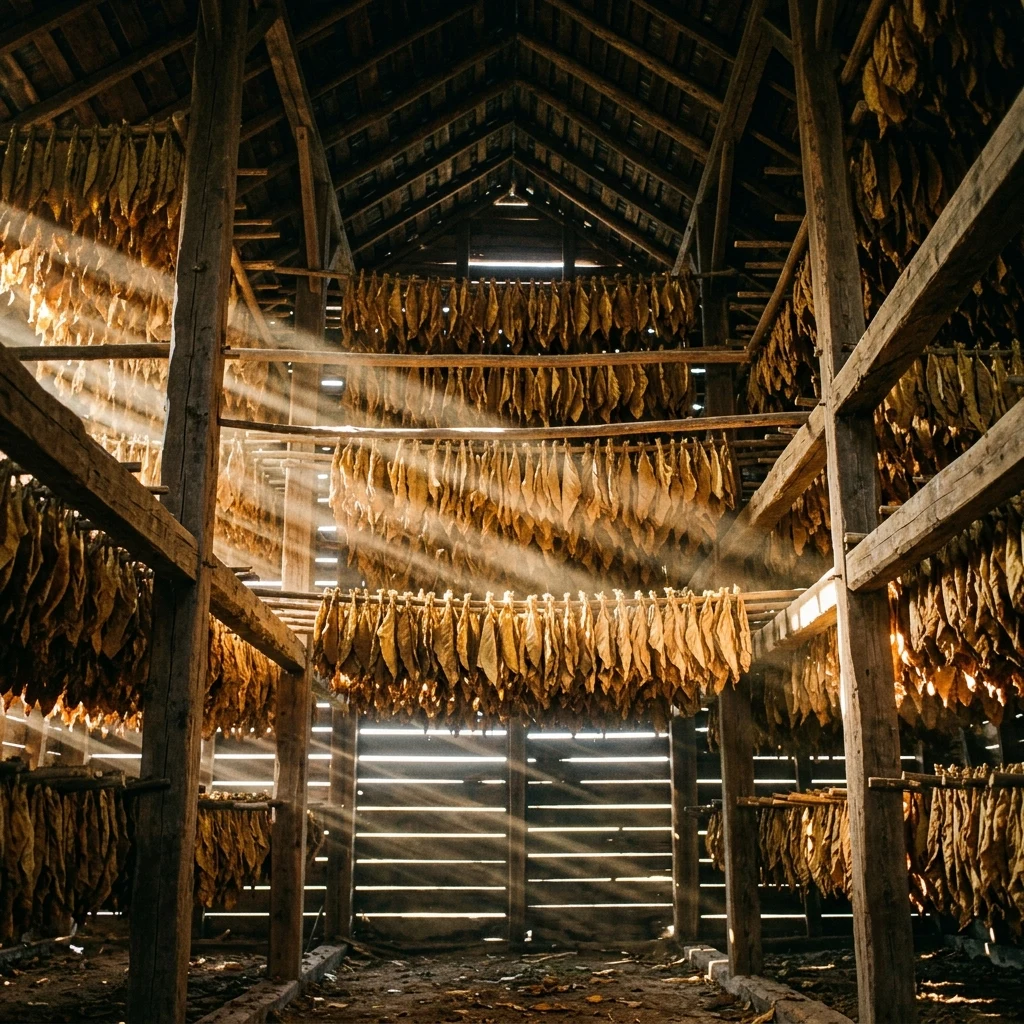 A tobacco barn interior with leaves hung in tiers to the roof