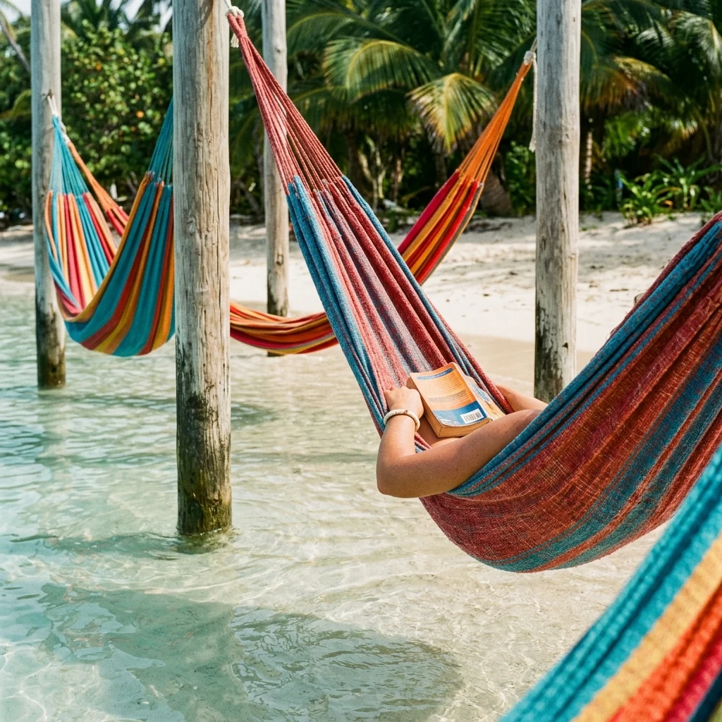 Sunbathers relaxing in colorful hammocks strung between wooden posts in the shallow warm…