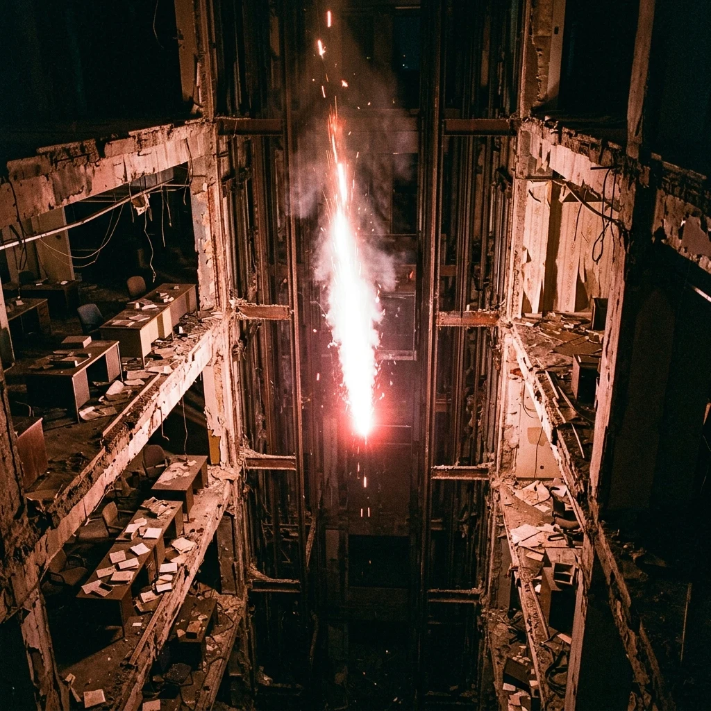 Flare falling down a dark elevator shaft