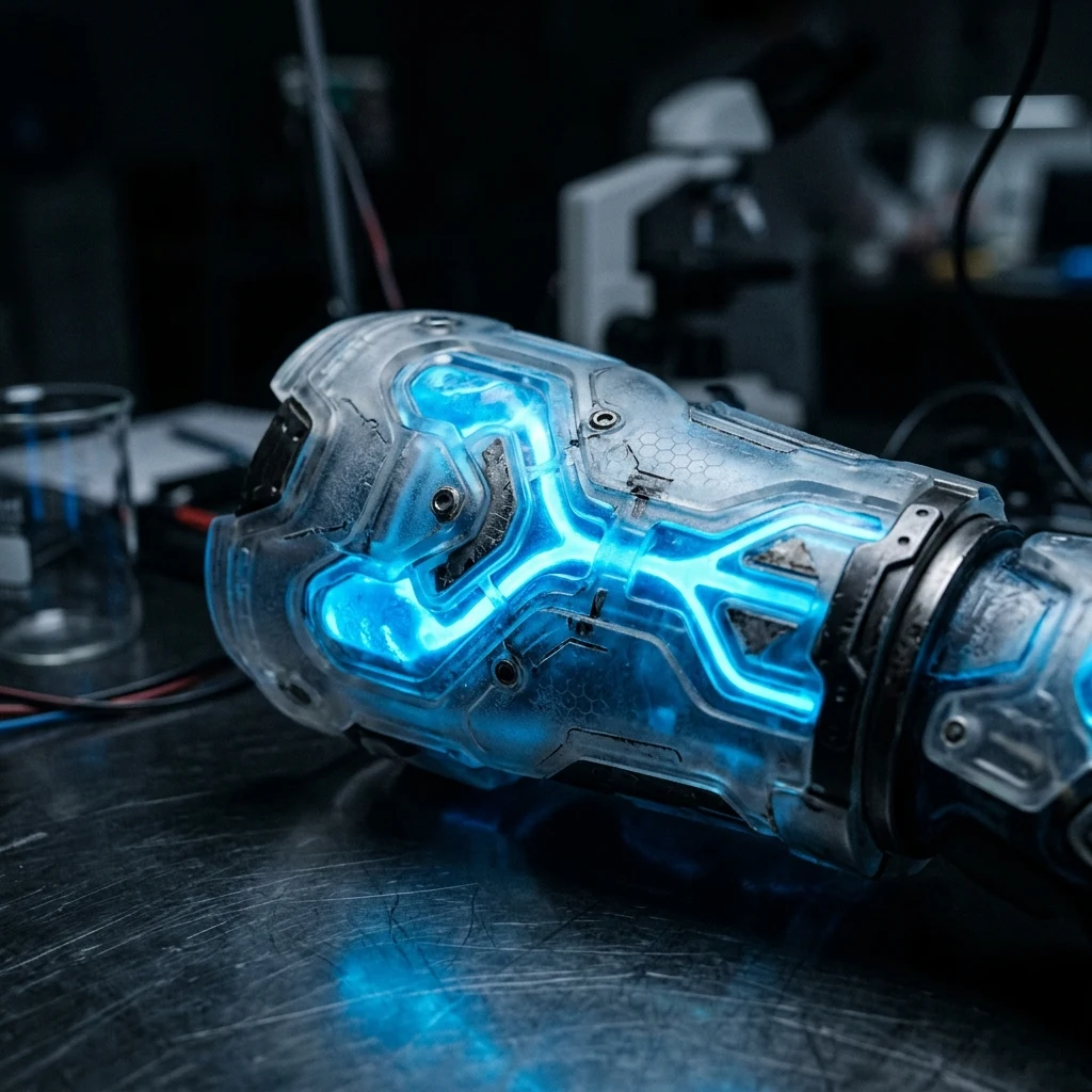 A futuristic bio-luminescent armor suit crafted from translucent resin with glowing blue…