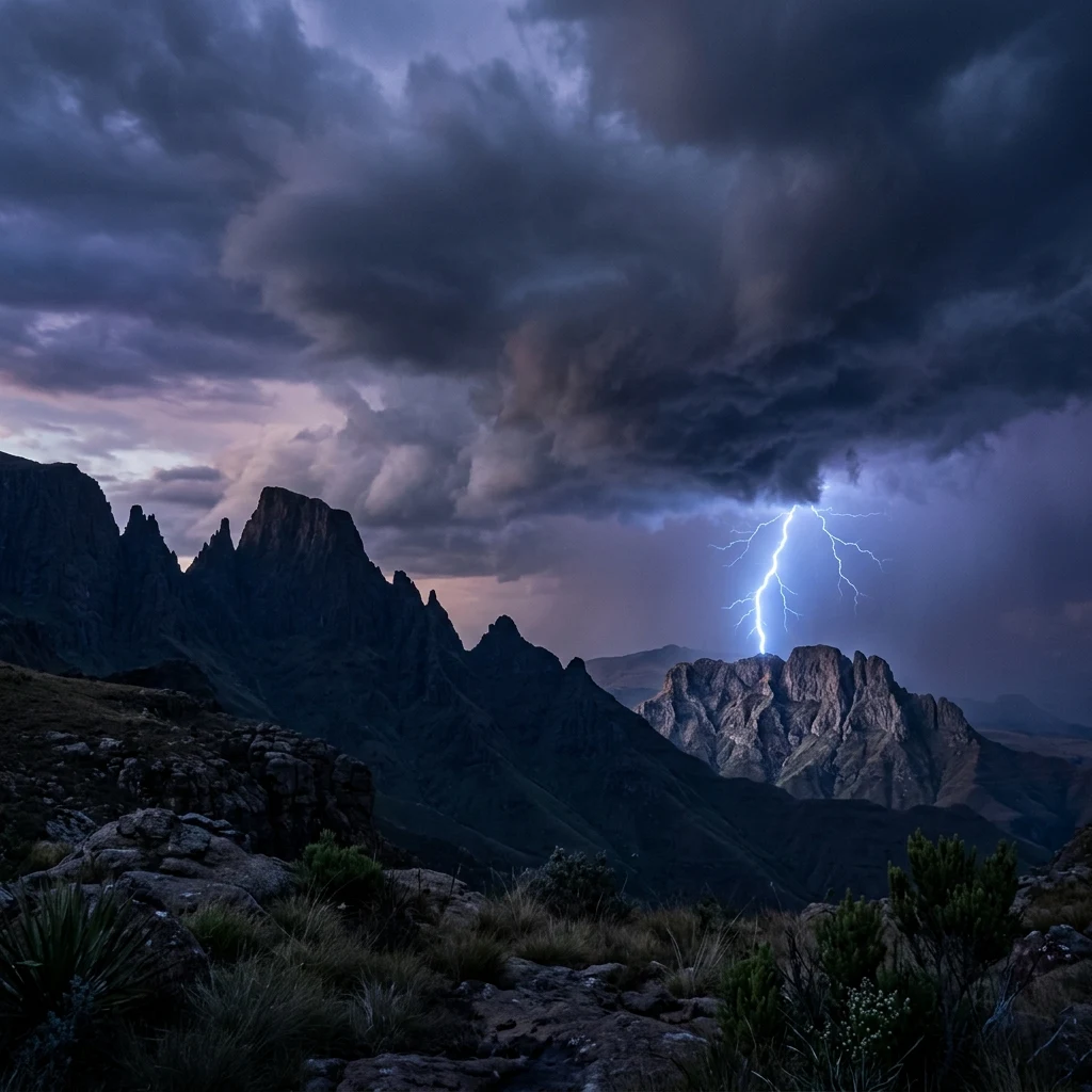 Lightning strike over jagged mountain peaks