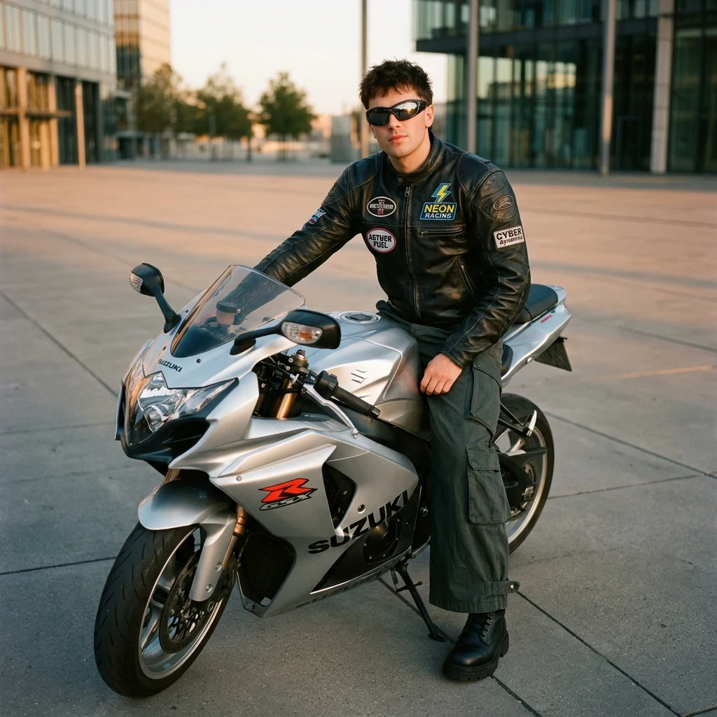 A young man wearing a leather racing jacket with sponsor patches