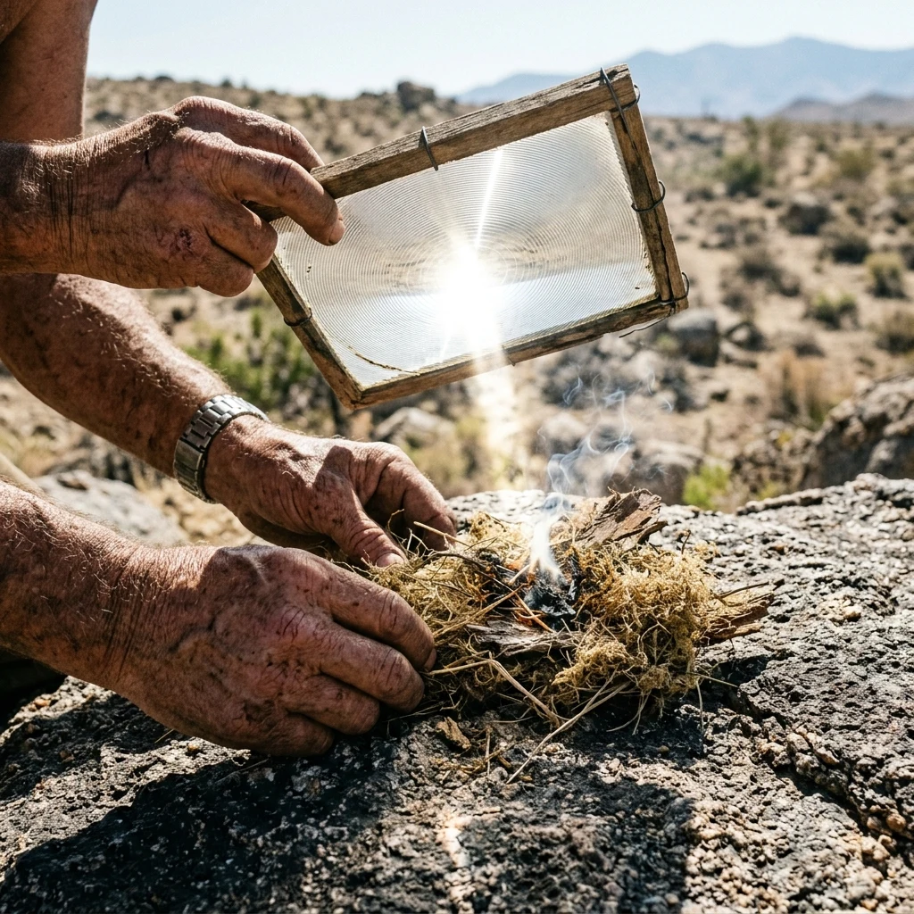 A survivor lighting a tinder bundle using the magnifying lens salvaged from an old…