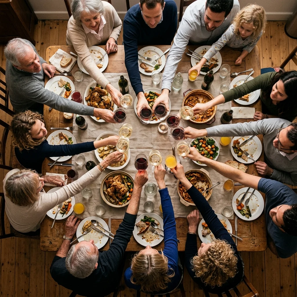 A long family dinner caught mid-toast from directly overhead